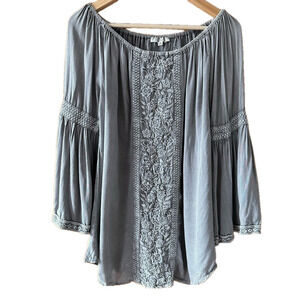 Solitaire Embroidered Grey Boho Tunic Long Flare Sleeve Blouse - Small